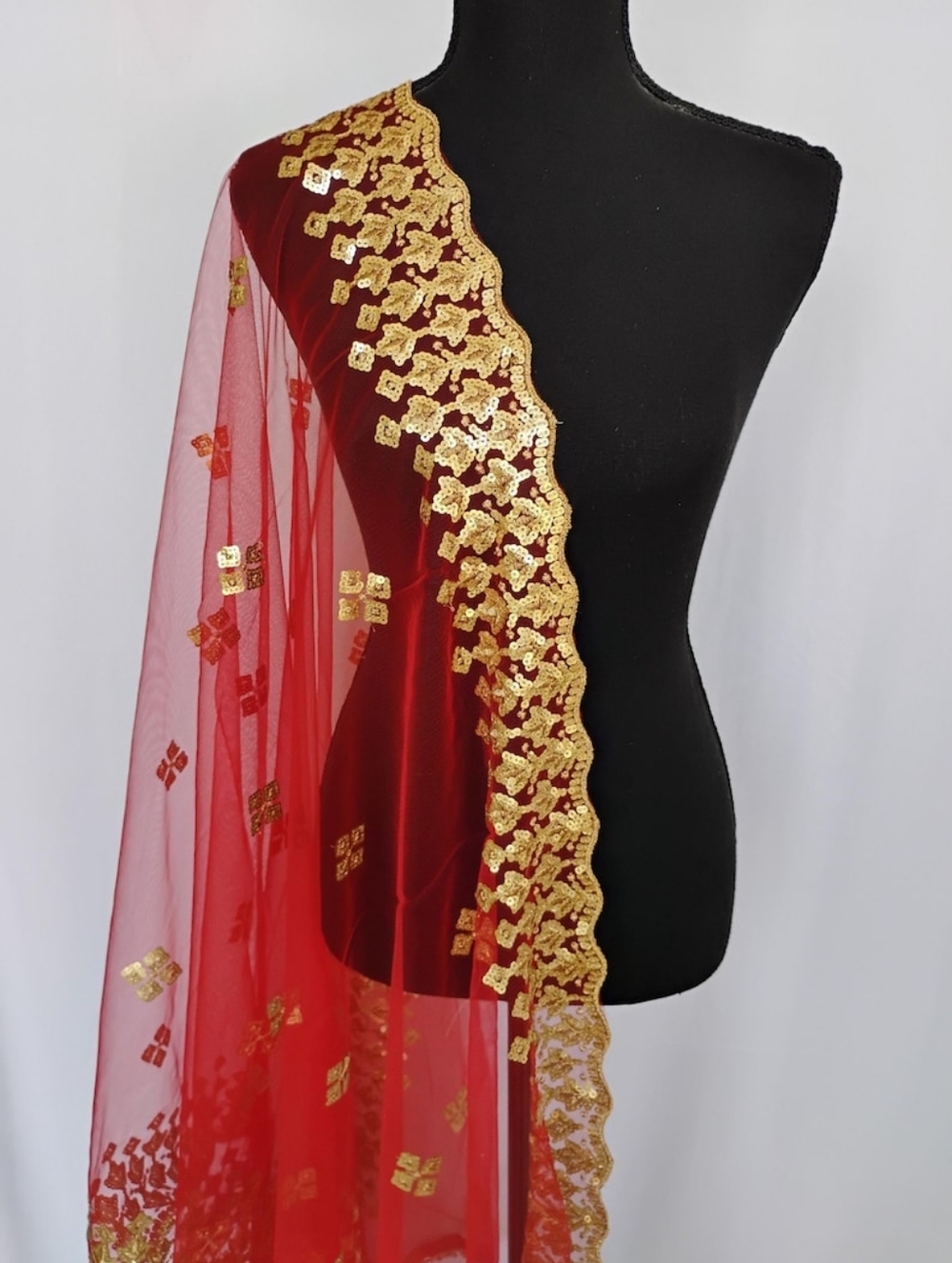 Red net sequence dupatta/ veil/ scarf/ with cut work border